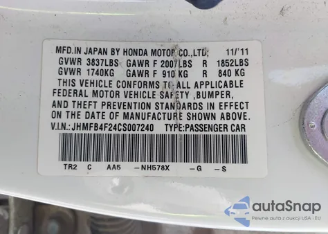 2012 Honda Civic Hybrid z USA, uszkodzony, nr VIN JHMFB4F24CS007240